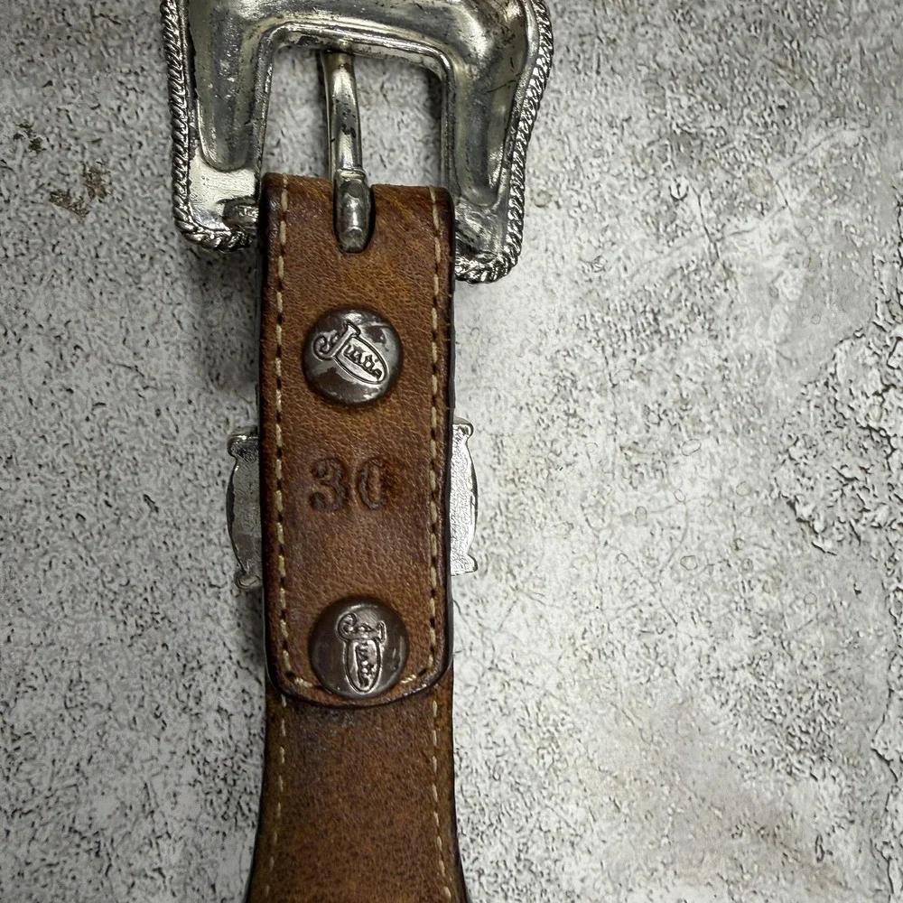 Vintage Justin Western Belt Mens 30 Brown Leather Concho Braided Silver Floral